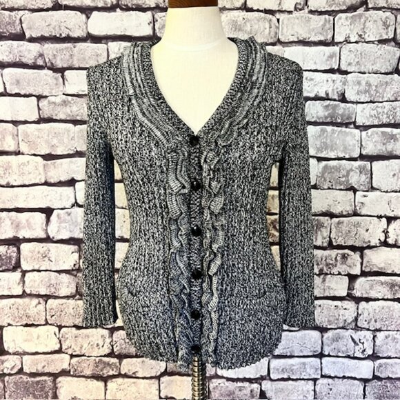 Lark Lane Black, White & Silver Ribbed Cardigan Sweater Size M - Picture 1 of 9